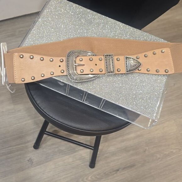 True Religion Chrome Studded Embellished Buckle Stretch Belt main image 4